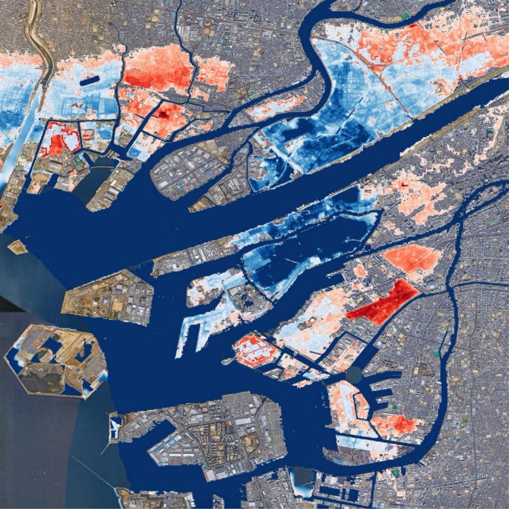 Comparison of a Osaka 1 in 100 year undefended coastal flood event. Blue - present day. Red - 2050.