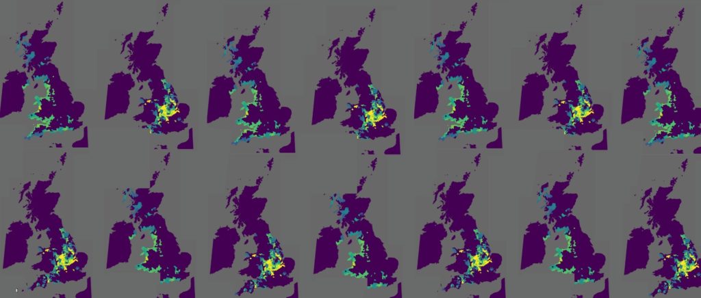 Decorative image showing multiple maps of the UK with different colour-coded hazard return periods
