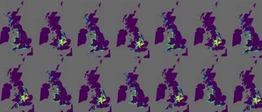 Decorative image showing multiple maps of the UK with different colour-coded hazard return periods