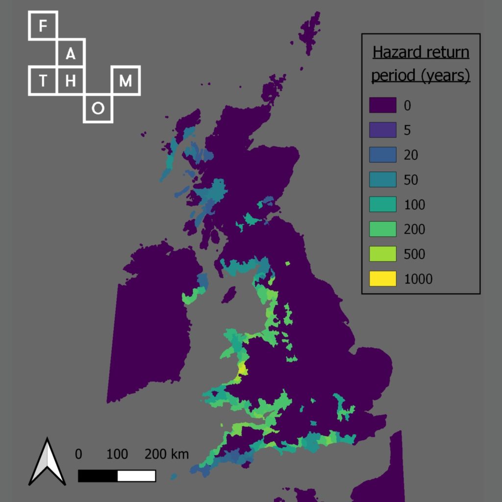 A map of the UK showing storm surge 83875 and the colour-coded hazard return period in years.