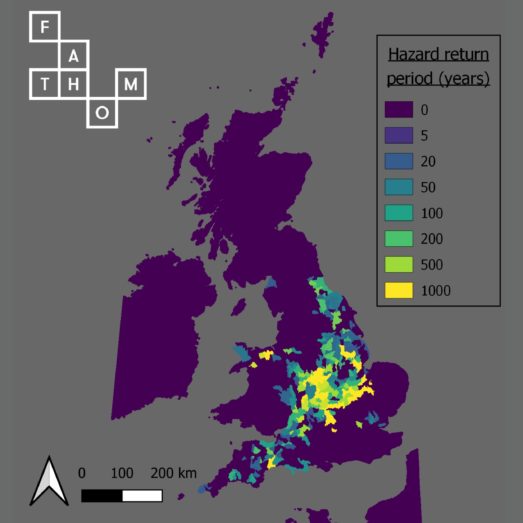 A map of the UK showing storm surge 37938 and the colour-coded hazard return period in years.