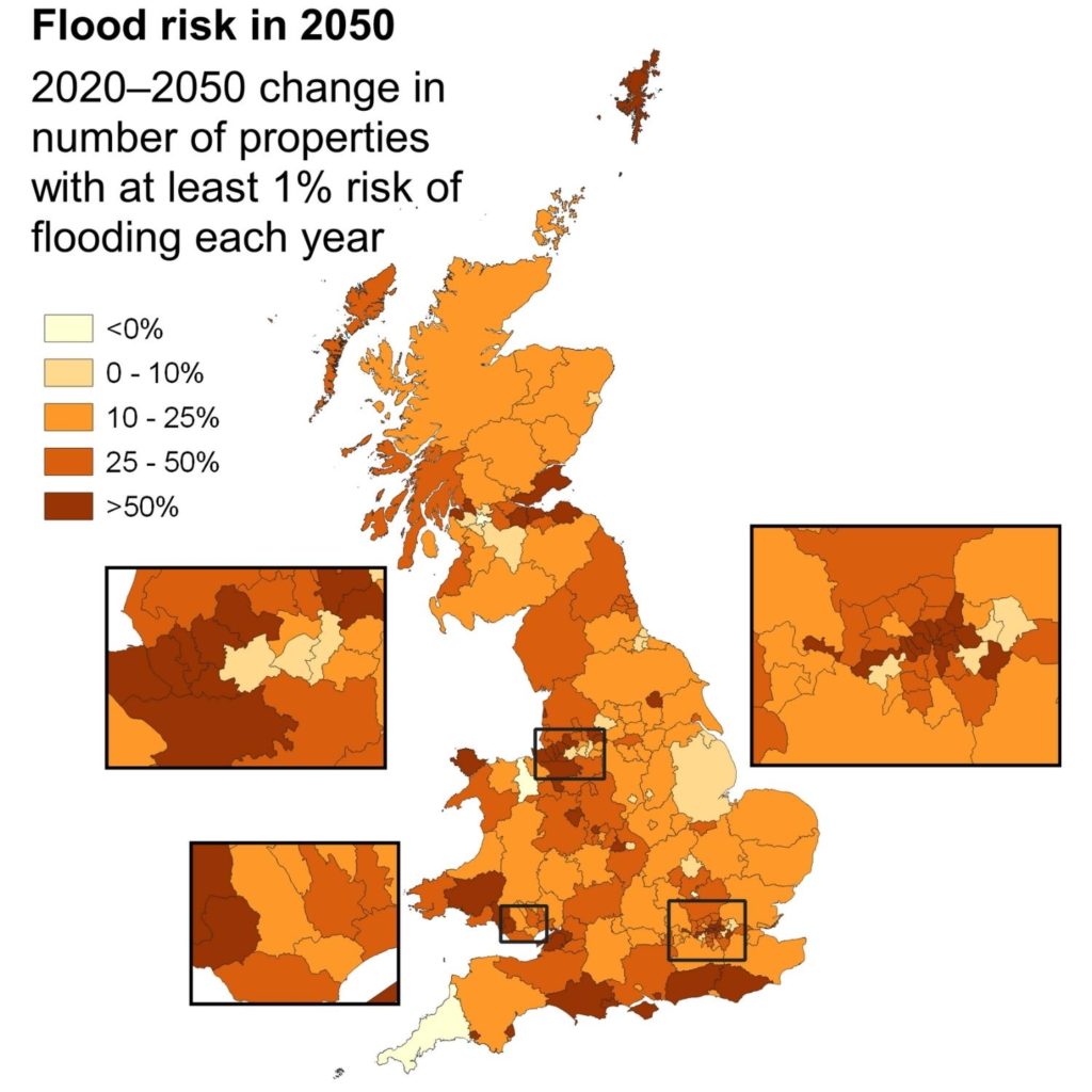 2020-2050 change in the number of properties with at least 1% risk of flooding annually.