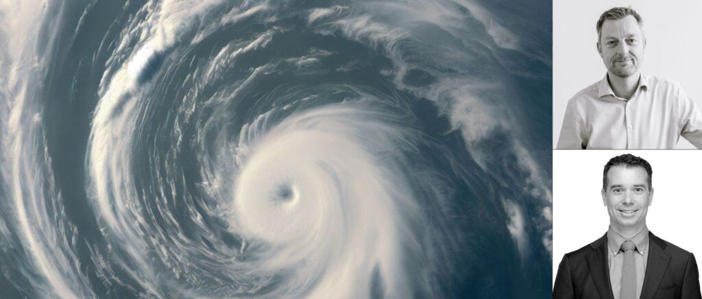 Satellite image of a cyclone with headshots of event speakers