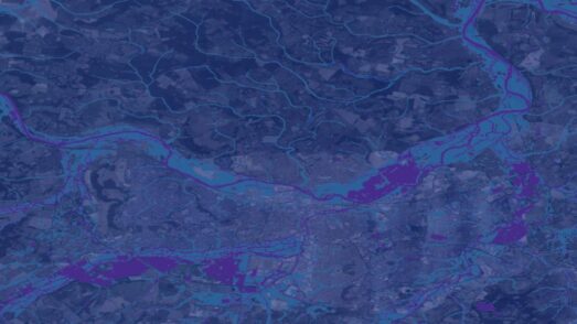 aerial view of a flood simulation with a blue overlay